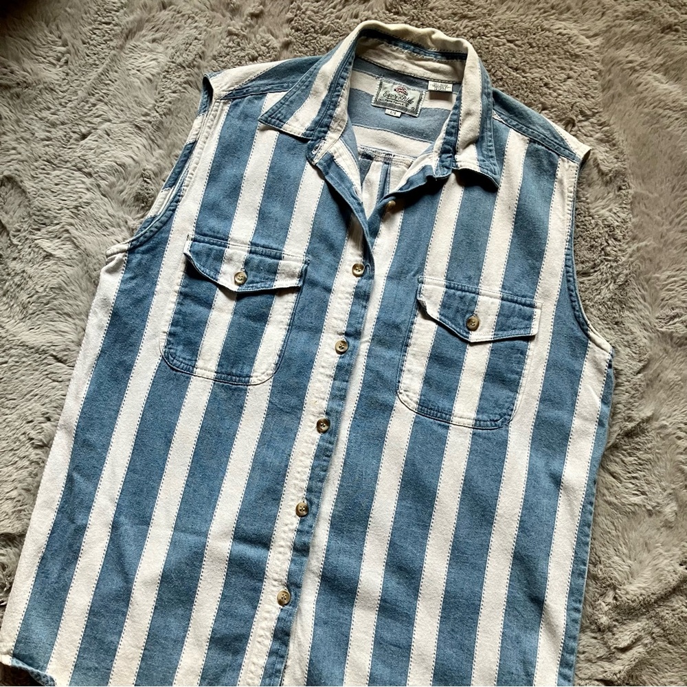 Vintage 100% Cotton denim striped button down sleeveless Ever Blue by Triple 5
